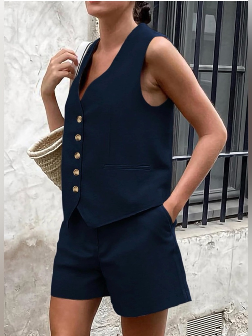 Navy 2 Piece Set Button Down V Neck Sleeveless Waistcoat Top & Shorts - Medium - Picture 2 of 15
